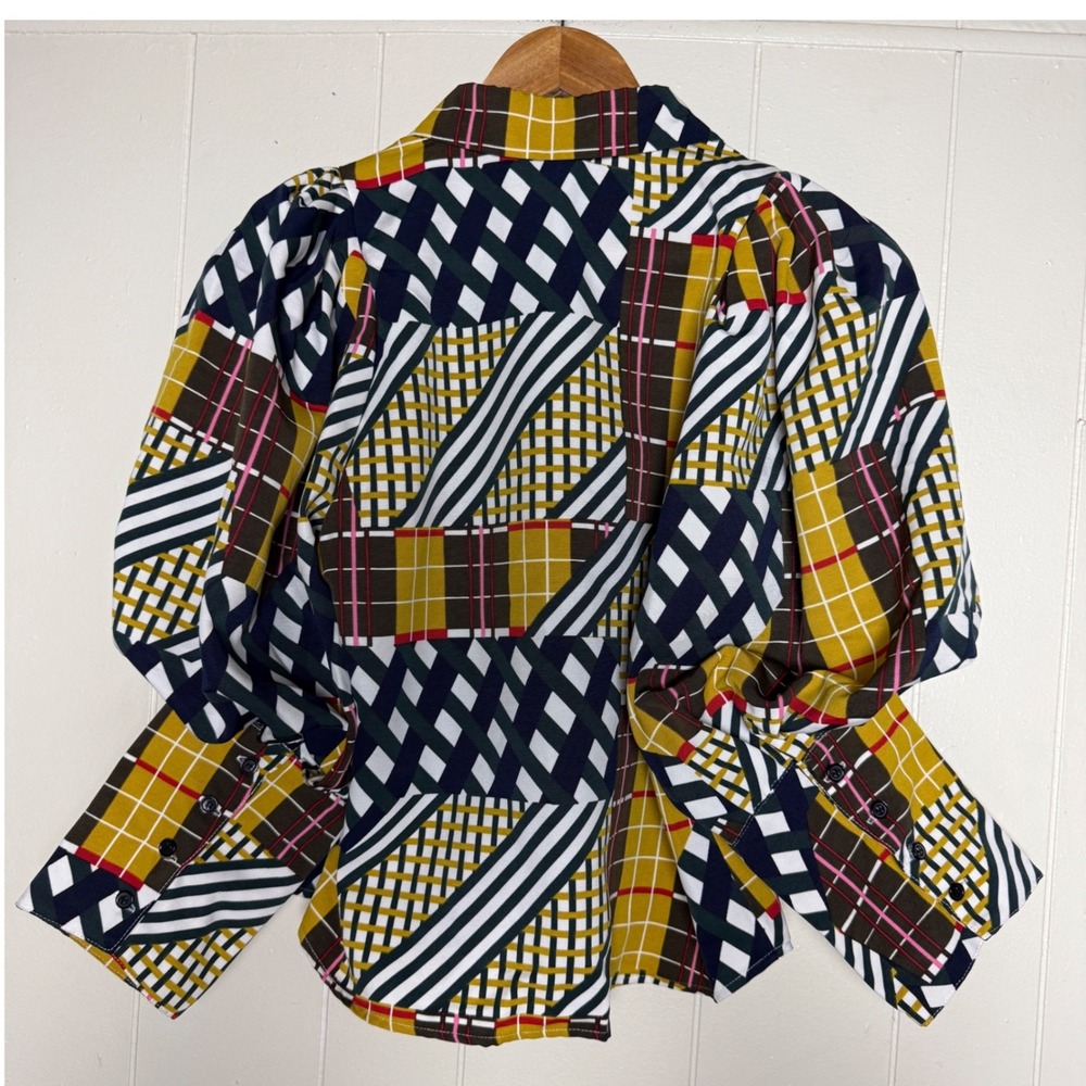 Gracia Womens Mixed Plaid Patchwork Puff Sleeve Button Down Blouse Size M - Picture 6 of 10